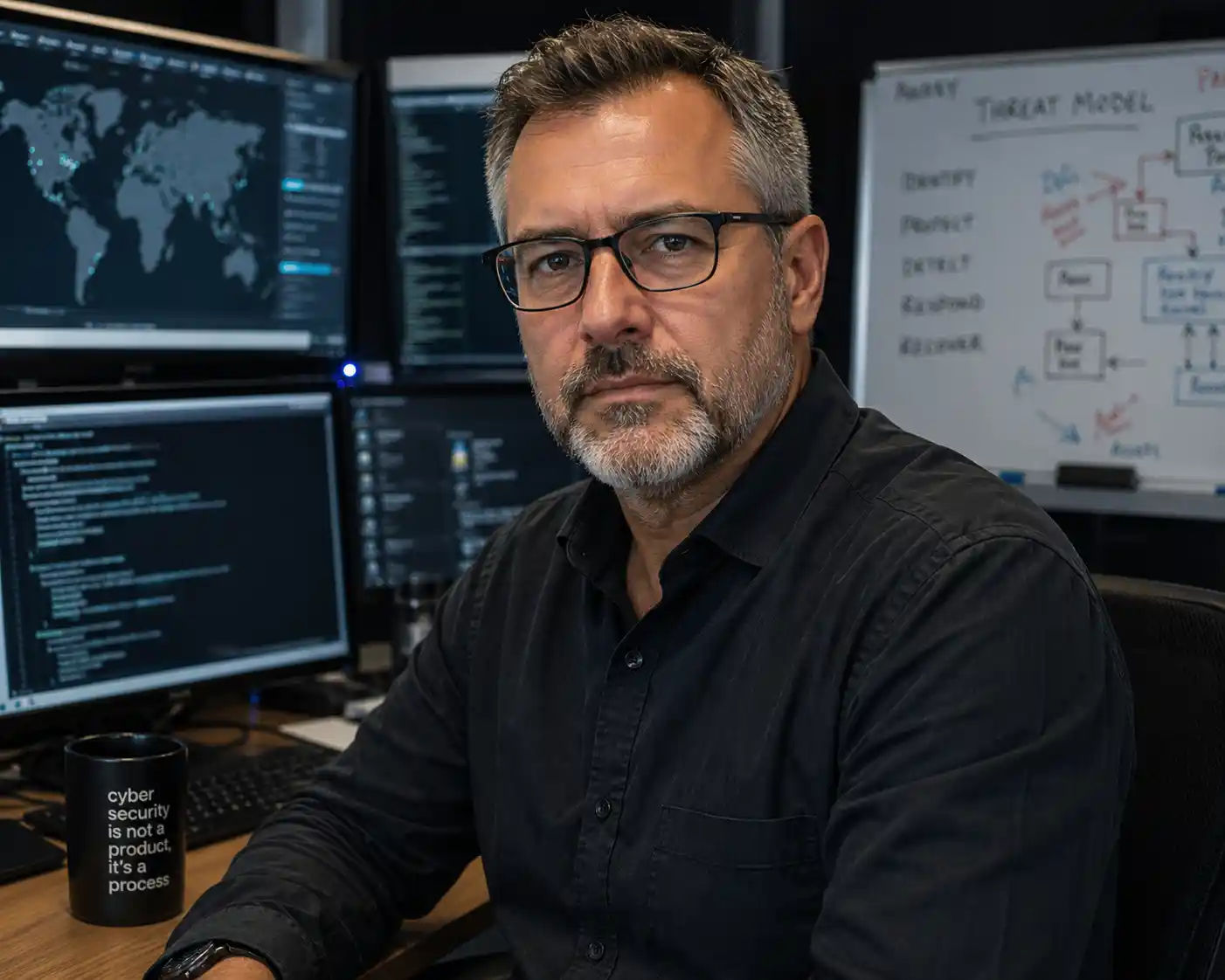 Portrait of the SecureAuditWP founder at his desk, with code, a world map of attacks, and a threat-model whiteboard in the background